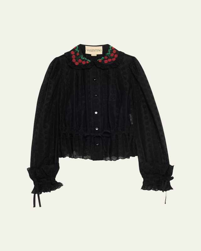 Cherry Embroidered Daisy Sangallo Self-Tie Blouse